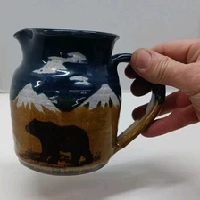 Handmade Montana Earth Pottery Creamer Pitcher Mountains Bear Cabin Decor Signed