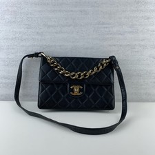 AUTH Chanel Bombay Black Caviar Leather Thick Gold Chain Flap Crossbody Bag