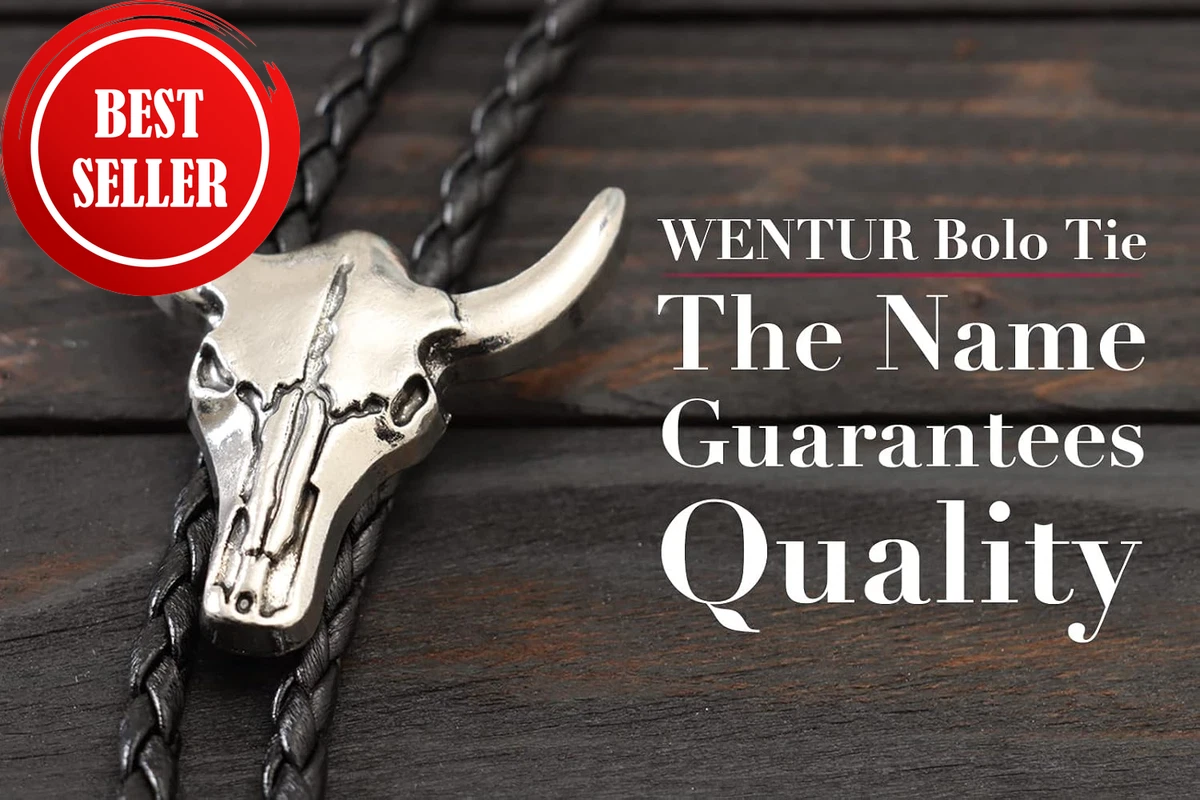 Western Vintage Bolo Tie for Men - Cow Skull Design Cowboy Tie - Black Leather B