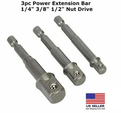 3pc Power Extension Bar Hex Shank Socket Adapter Drill Bit Set 1/4'' 3/8'' 1/2''