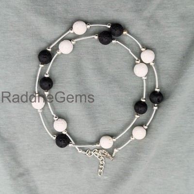 White & Black Lava Stone Necklace, 8mm Round Gemstone Beaded Necklace, Sterling