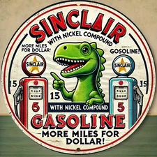 Vintage Tin Metal Sign Sinclair Gasoline Dinosaur Round Retro 8x8 Inch