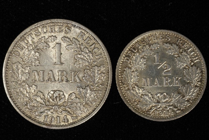 1914-F German Empire One Mark and 1914-A 1/2 Mark Silver Coins, lot of 2