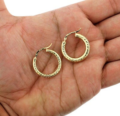 Echte 10K Gelbgold 3mm x 25mm 1'' Diamantschliff glänzend schlicht Creolen