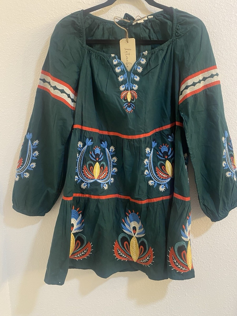 NWT Anthropologie Let Me Be Green Embroidered Tunic Dress MP
