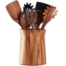 Wooden Utensil Holder for Countertop, 360° Rotating Kitchen Utensil Holder