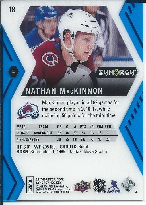 2017-18 Upper Deck Synergy NATHAN MACKINNON Blue Parallel #18 Colorado Avalanche - Image 2 of 2