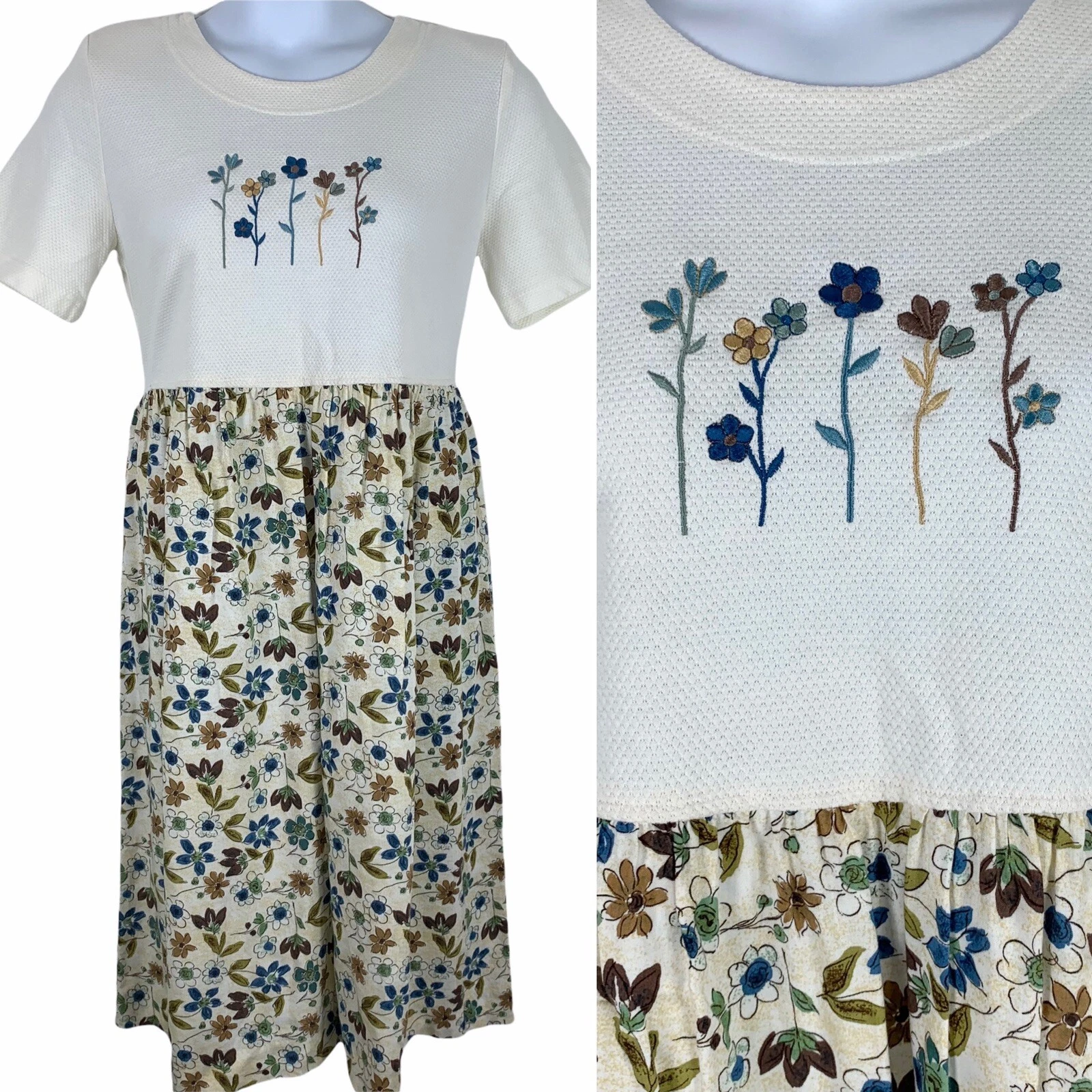 Vintage Dress Size Medium Floral Shoulder Pads Knee Length Tie Back Cottagecore