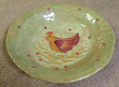 La Ceramica VBC Crate & Barrel Serving Bowl Olive Green Orange Rooster 13'' Italy