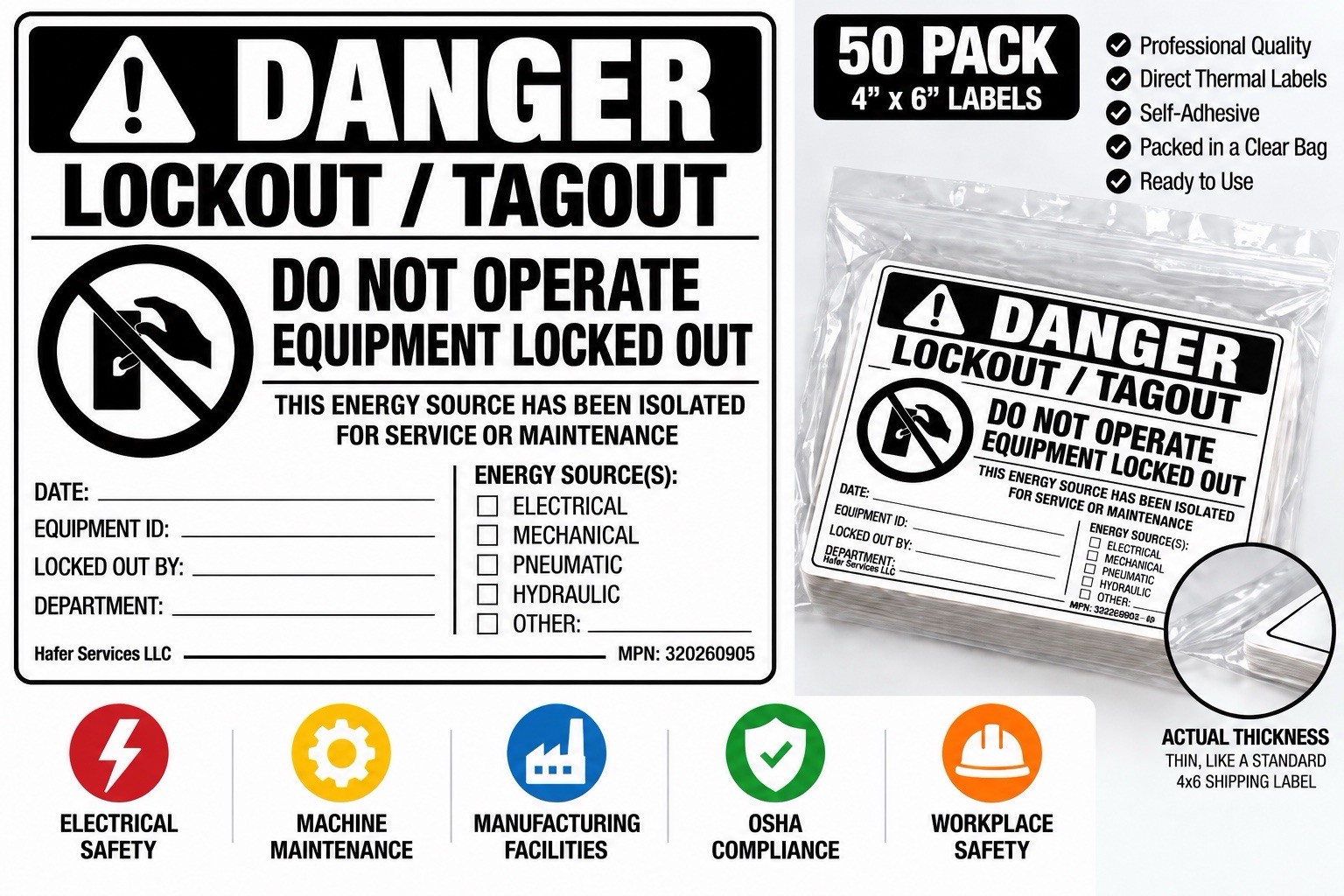 50 Pack 4x6 Lockout Tagout LOTO Danger Safety Labels OSHA