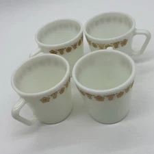 Vtg Pyrex Gold Butterfly D Handle Set of 4 Coffee Tea Mugs/Cups White Fast Ship!