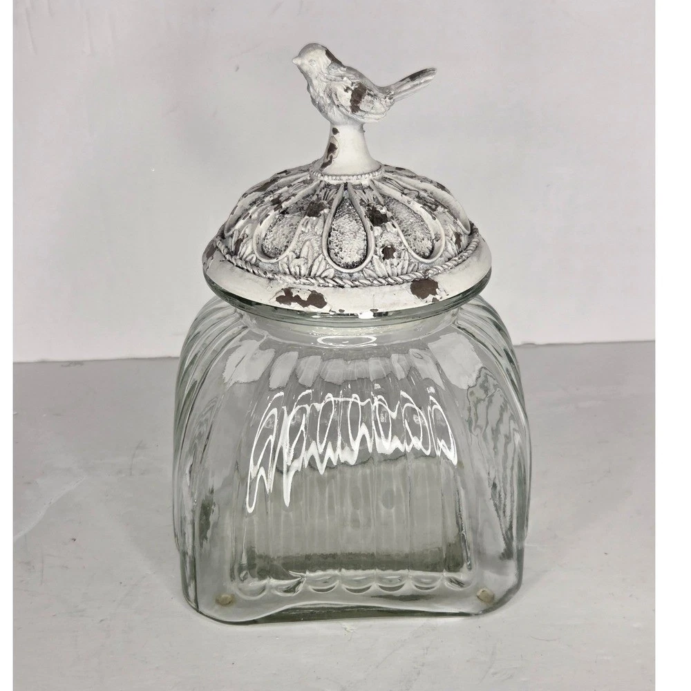 Ribbed Clear Glass Canister With White Song Bird Chippy Paint Lid Cookie Jar