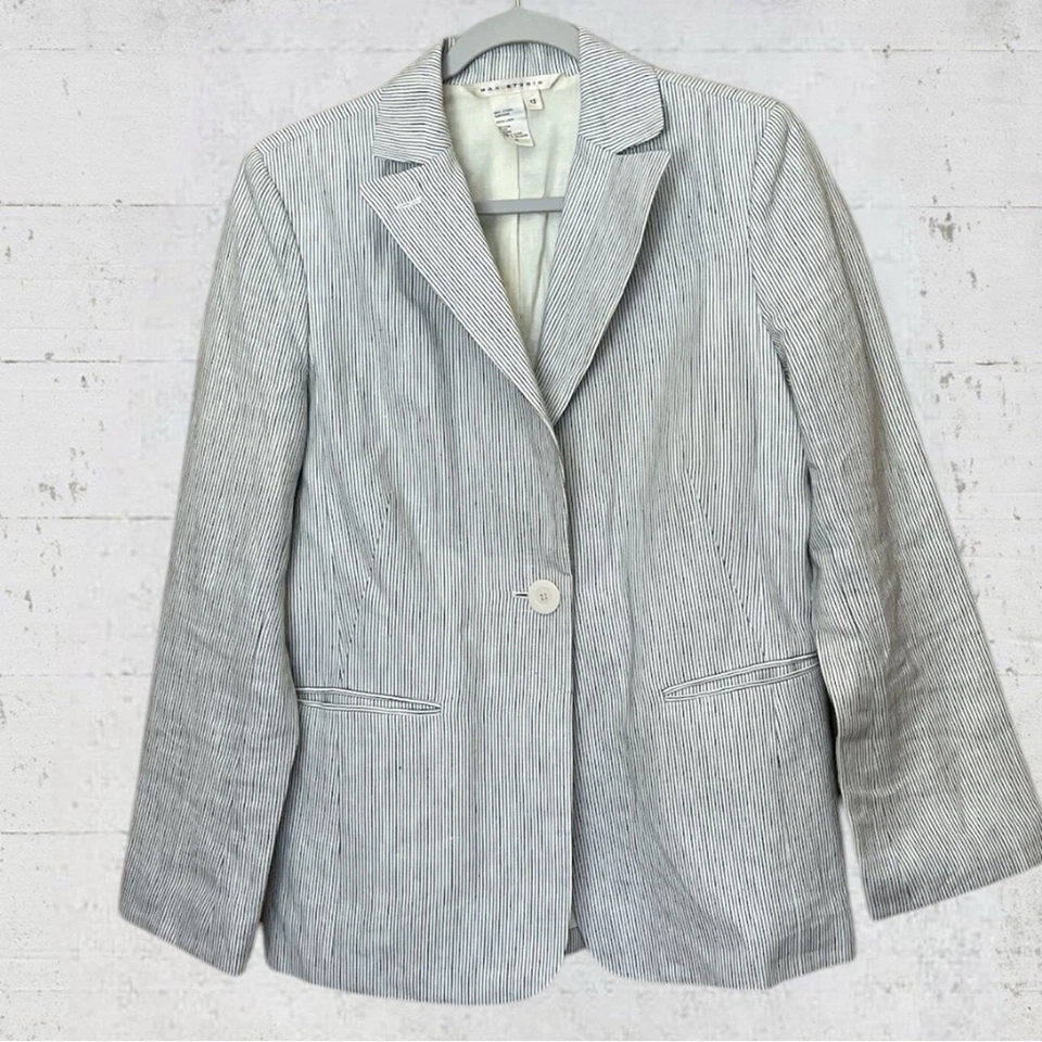 Max Studio 100% Linen Striped Blazer Off White Blue Size 12 Coastal Nautical - Image 2 of 4