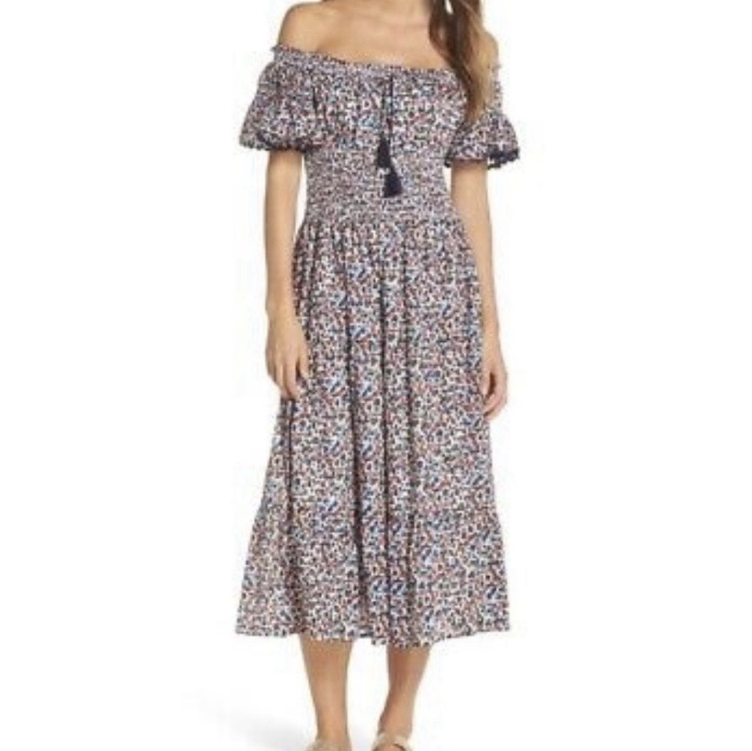 New Tory Burch Wildflower Off Shoulder Smocked Floral Boho Midi Dress S/P $498 thumbnail 5