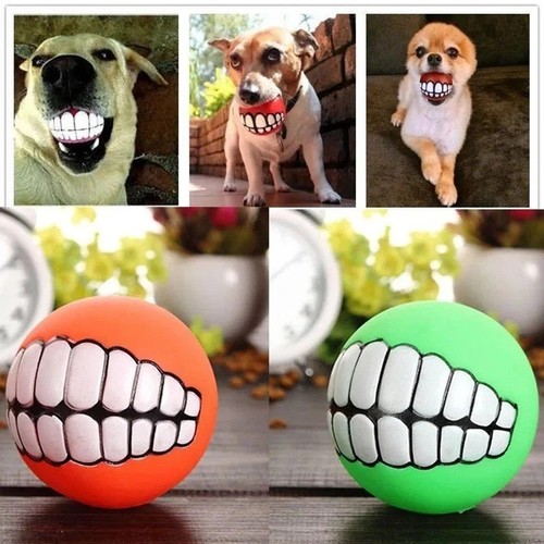 Dog Teeth Ball Toys Durable Treat Bite Fetch Ball Funny Pet Squeaky Smile Toys