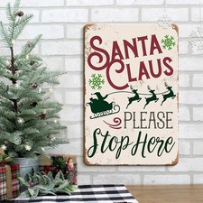Christmas Tin Metal Signs Home D cor Santa Claus Sleigh Reindeer Please Stop Her