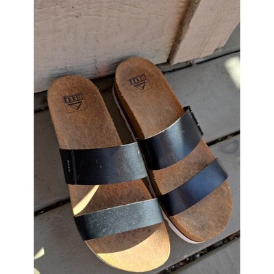 Reef Cushion Vista Hi Platform Black Leather Sandals Strappy Shoes Size 11