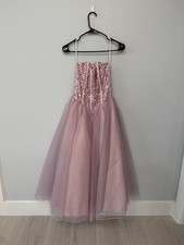 C.W. Designs Pink Sequin and Rhinestone Embellished Tulle Prom Gown