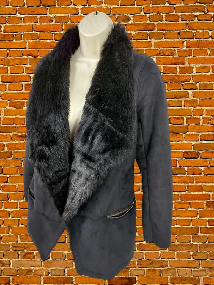 ЖЕНСКИЙ СКЛАД РАЗМЕР UK 8 ЧЕРНЫЙ ИСКУССТВЕННЫЙ МЕХ ОТДЕЛКА ИСКУССТВЕННОЙ ОВЧИНЫ ОТКРЫТЫЙ КУРТКА ПАЛЬТО - Изображение 3 из 4