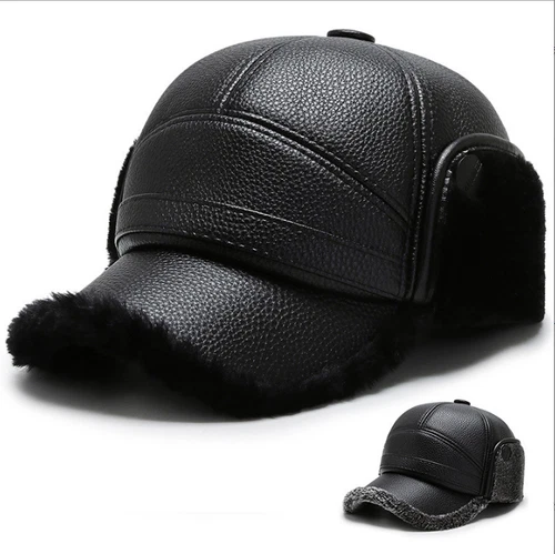 Men's Genuine Leather Baseball Caps Winter Hats With Ear Flaps Warm Cap Hat Gift - Picture 2 of 15