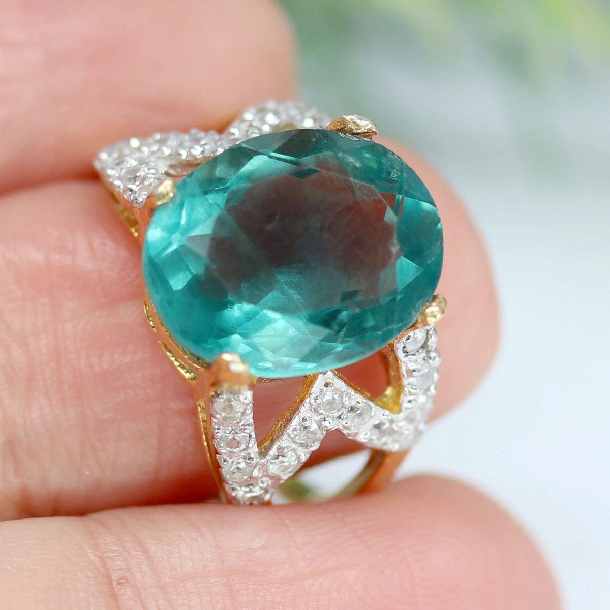 11 X 13mm BLUISH GREEN FLUORITE WHITE CAMBODIA ZIRCON RING 925