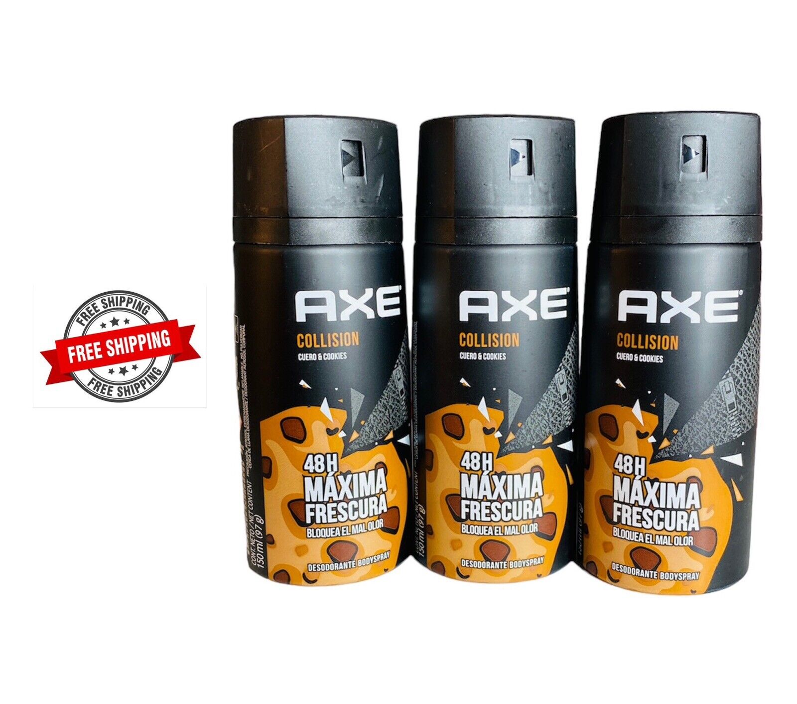 Axe Body Spray Collision 3 pack Cuero & Cookies 48H Deodorant 150 ml ea