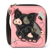 NEW CHALA PINK BLACK PIG DUO FOLD ZIPPERED WALLET FAUX LEATHER