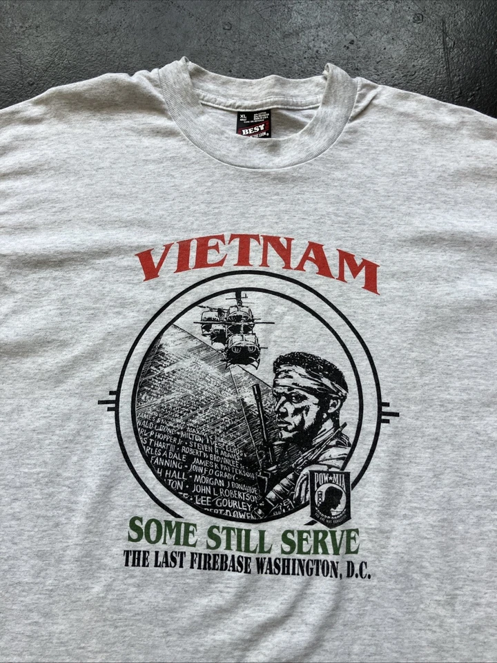 Vintage 90s Vietnam War POW MIA Firebase Washington Single Stitch Shirt Gray XL - Image 2 of 4