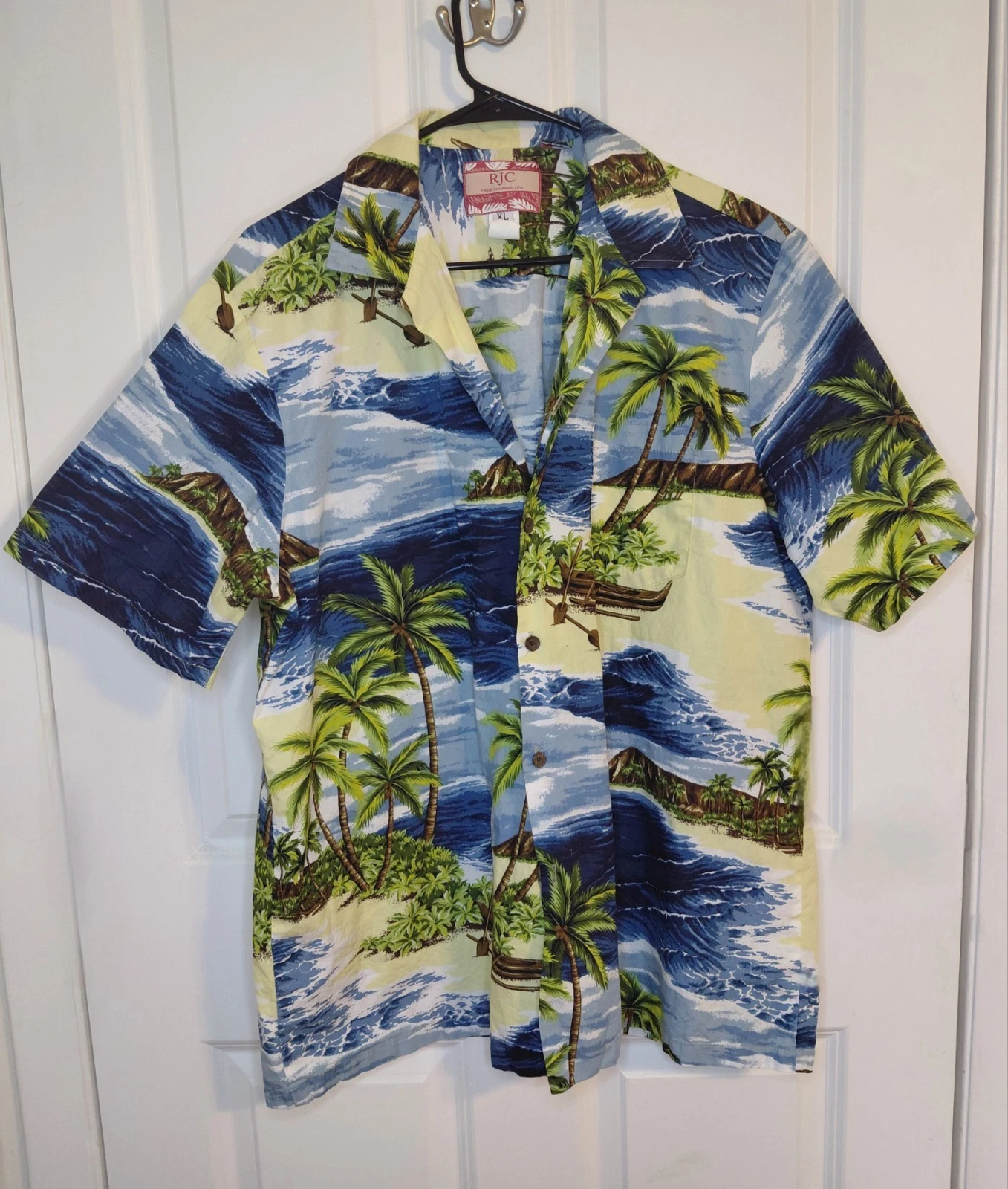 RJC Hawaiian Shirt Mens XL Blue Diamond Head Outrigger Canoe Cotton Made in USA