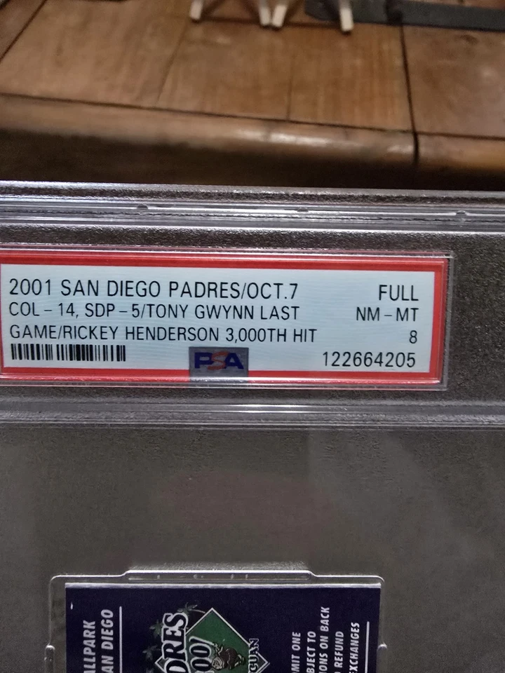 Boleto completo PSA 8 - 7 de octubre de 2001 Tony Gwynn último juego Ricky Henderson 3000th Hit Foto 2 de 4