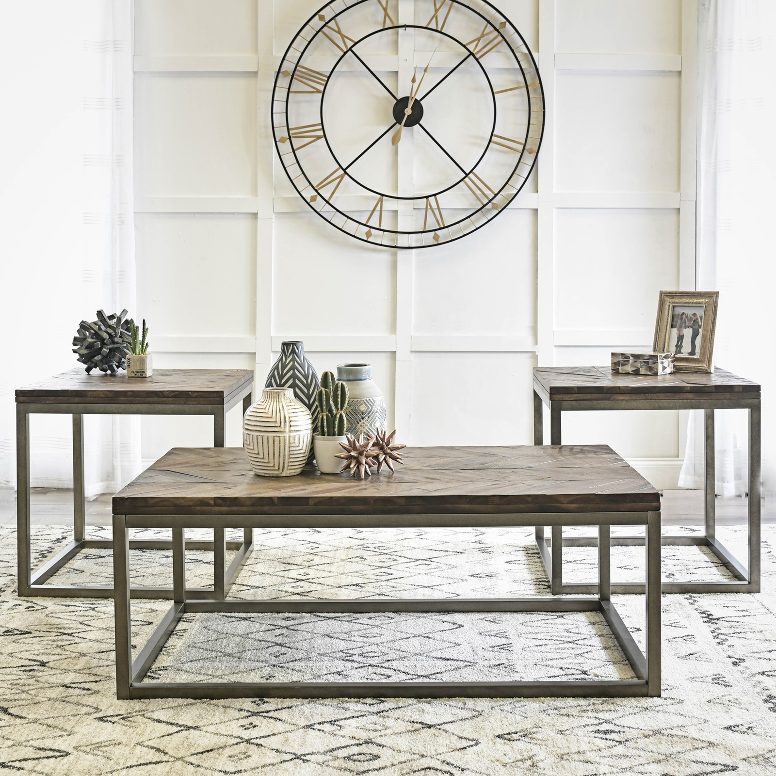 3-piece dining table set - brown, with a solid acacia wood top and a metal base