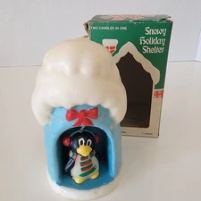 Vintage Jasco Snowy Holiday Shelter Christmas Igloo w/Penguin Two Candles in One