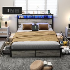 Full Queen King Size Platform Bed Frame with LED Lights Headboard Charging Grey