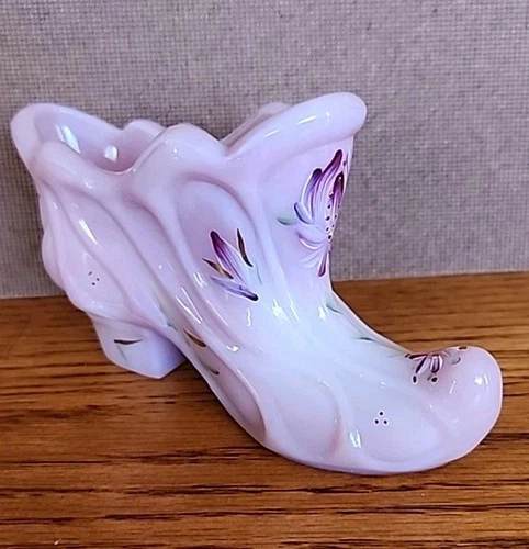 Fenton Glass Rosalene Pink Slag Hand Painted Flower Shoe Slipper Boot Signed