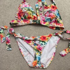 Plunge Bikini Set Small Floral Halter 2 Piece Adjustable Hawaiian Orchids