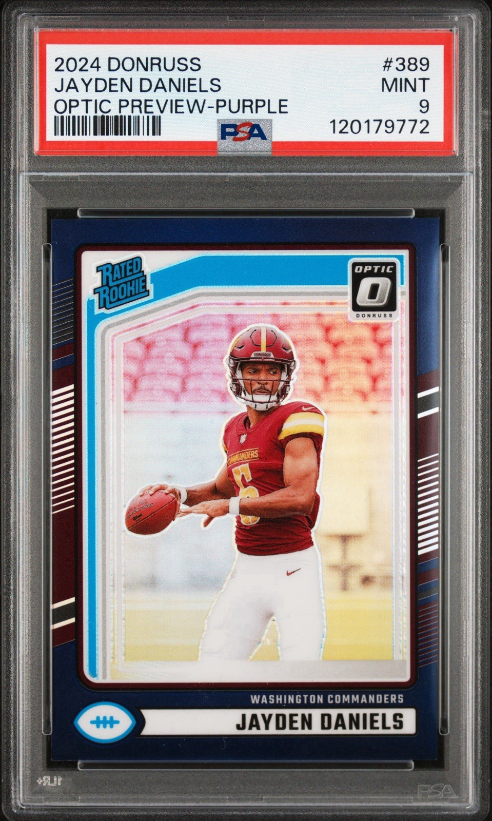 2024 Donruss Optic Preview Purple #389 Jayden Daniels RC Rated Rookie /50 PSA 9