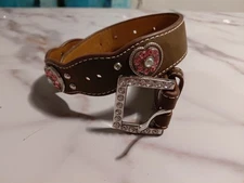 Nocona Belt Co Girls western brown scalloped leather belt pink rhinestone heart