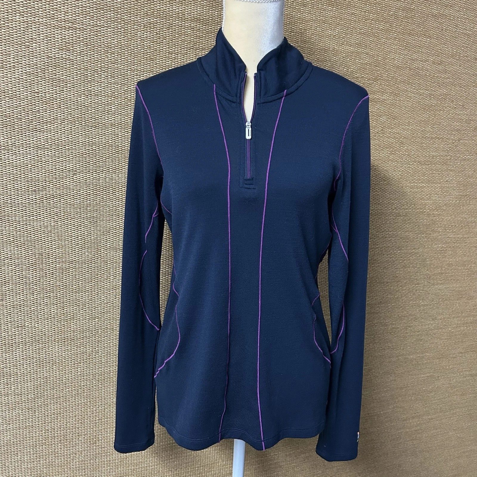 Smartwool Top Womens L Navy Blue Purple Merino Wool 1/4 Zip Pullover Base Layer