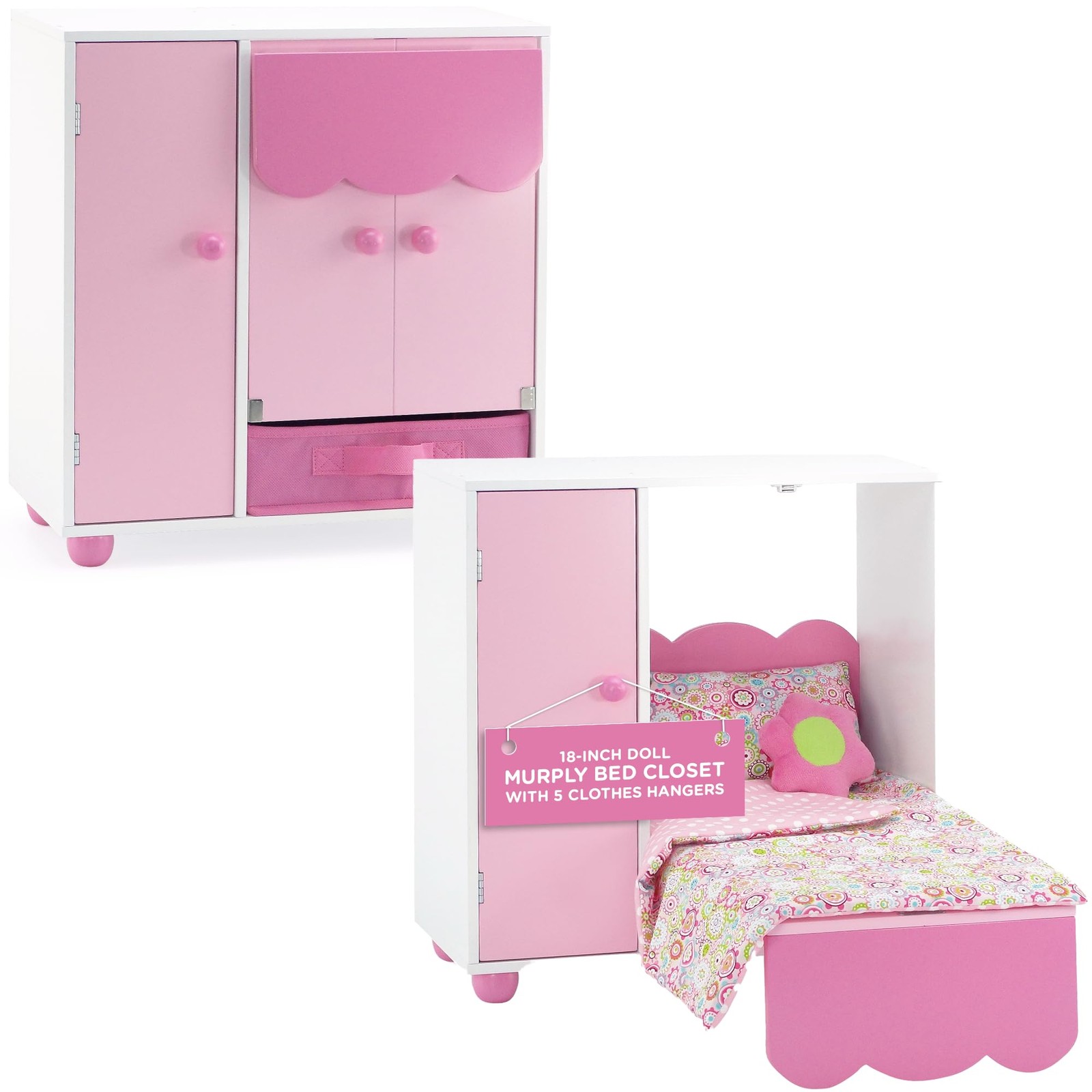 18 Inch Doll Pink Murphy Bed Furniture Closet Combo W...