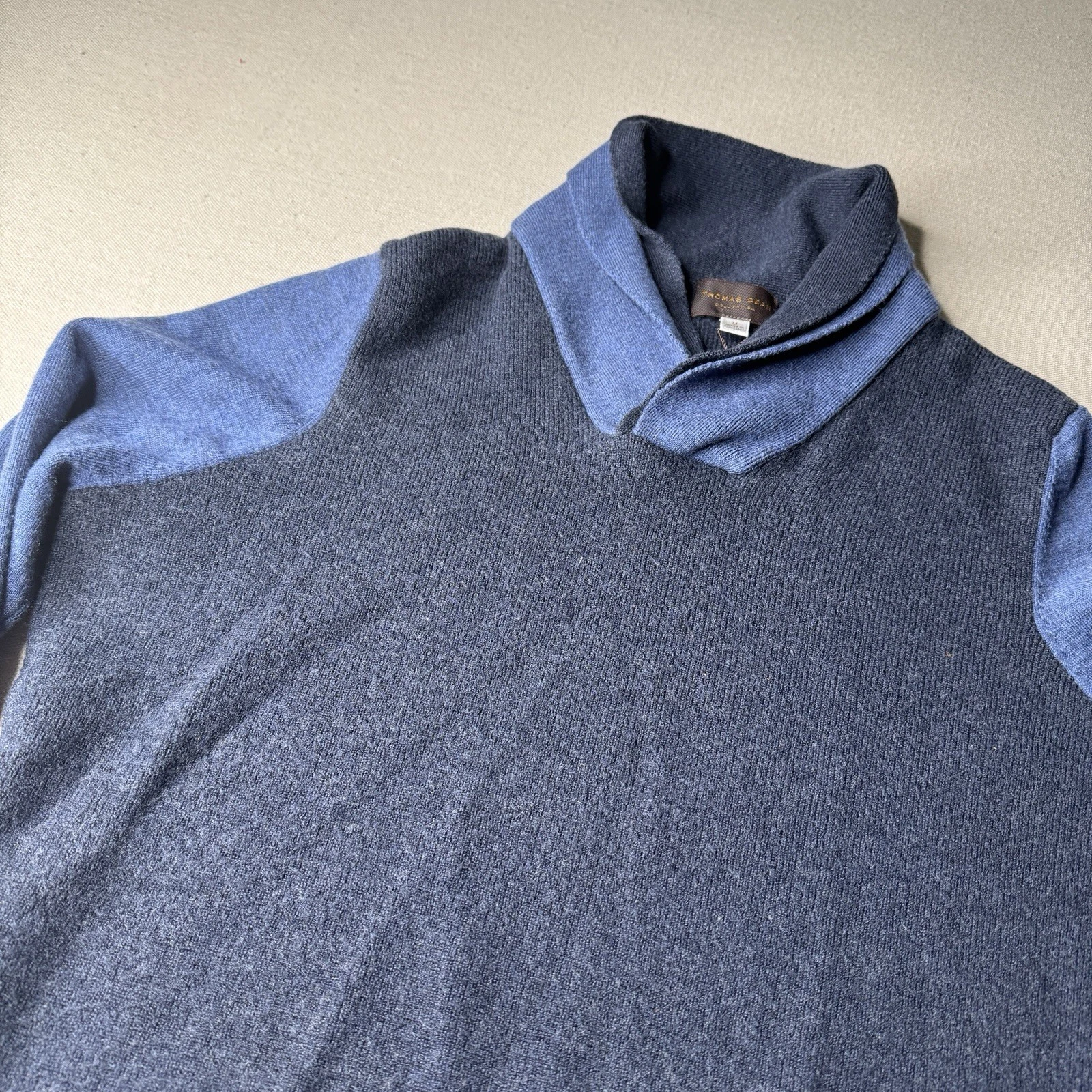 Thomas Dean Extra Fine Merino Wool Blue Shawl Neck Pull Over Sweater Mens Medium