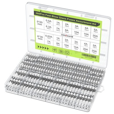 Joinfworld 360Pcs Fast Blow Glass Fuse Assortment Kit 24 Values White 