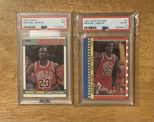 MICHAEL JORDAN 1987 FLEER 2nd YEAR CARD #59 PSA 7 & STICKER #2 PSA Chicago Bulls