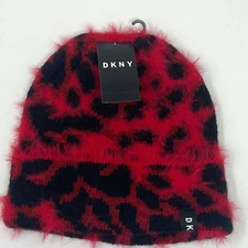 DKNY Womens Fuzzy Animal Print Beanie Winter Hat Red and Black