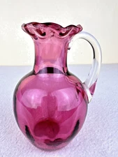Vtg. Small Cranberry Glass Ribbed Pitcher Applied clear handle Ruffled Rim 4.5”