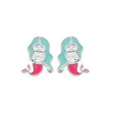 Sterling Silver 925 Rhodium Plated Stud Earrings for Kids - Little Mermaid