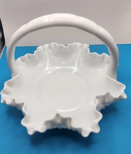 Fenton Hobnail, Vtg. Milk Glass Basket w/Ruffled Edges