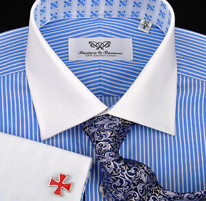 Blue Small Striped  Formal Business Dress  Shirt  Contrast 