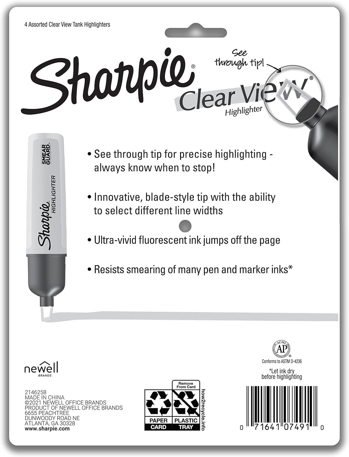 SHARPIE Clear View Highlighters, Chisel Tip, Assorted Colors, 4 Count 