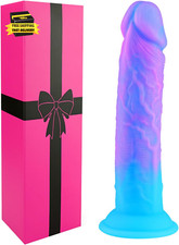 Soft Silicone Colorful Blue Purple Dildo Fantasy with Suction Cup, 8 Inch Thick