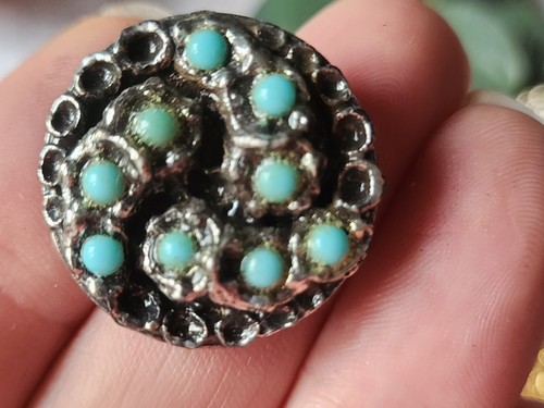 Collection gros bouton en résine argenté perlé bleu vintage pied 2,5 cm D16d - Foto 2 di 4